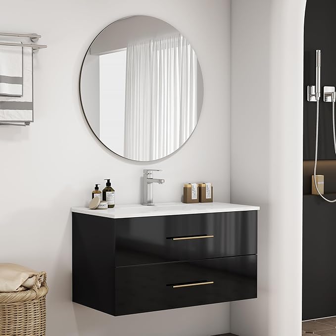 36" Wall Mounted Bathroom Vanity with Sink, High Gloss Black Floating Cabinet, Modern Gold Handles, 2 Soft Close Drawers, Integrated Ceramic Top for Powder Room