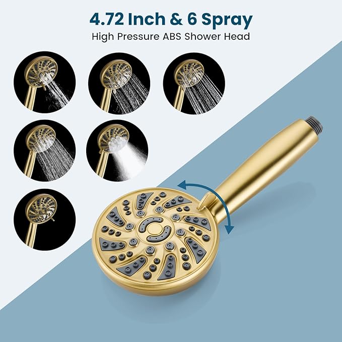 gotonovo Bathroom Shower Head Kit High Pressure Combo System Shower Faucet 6 Modes ABS Handheld Spray Shower Trim Kit Valve Included Shower Head and Handle Set Brushed Gold