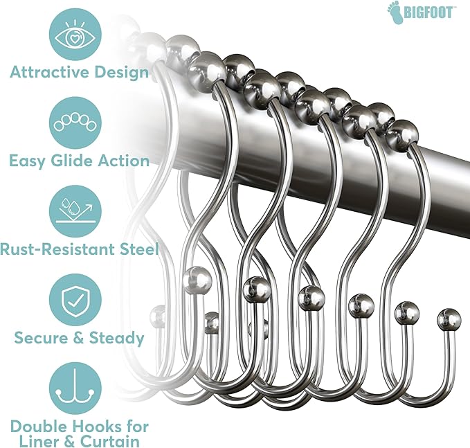 BigFoot Shower Curtain Hooks, Stainless Steel, Rust Resistant, Easy Installation & Smooth Glide, Fits Standard Shower Rods, 2 Hook Rings Hold Liners & Curtains, 12 Pieces, Nickel Color