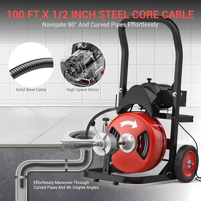 100Ft 1/2 Inch Cable Drain Cleaning Machine, 450W Auto Feed Portable Electric Sewer Snake, Electric Drain Auger with 4 Cutter Air-Activated Foot Switch for 2" to 4" Pipes