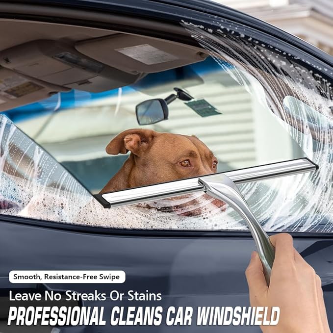 Stainless Steel Shower Squeegee for Glass, Includes 3 Adhesive Hooks, Shower Door Squeegee for Bathroom, Household Window, Car Windshield, Mirrors, Tiles Scrubber Clear, 12 inch, Silver