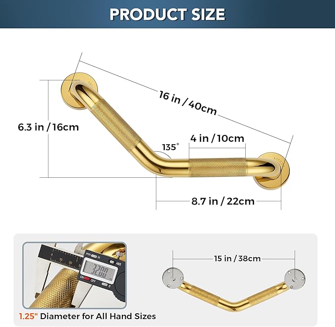 Grab Bars for Bathtubs and Showers- 1-1/4 x 16 Angled Shower Grab Bar for Seniors Knurled Stainless Steel Handicap Grab Bars for Wall (Gold, 2 Pack)