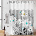 No Hook Flower Daisy Shower Curtain with Snap in Fabric Liner Set, Gray Wooden Boards Double Layers Waterproof Fabric with See Through Top Window Open Grommet Bath Curtain 71x86 Inch