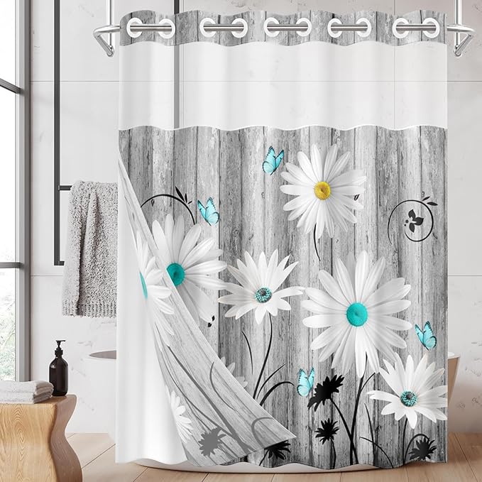 No Hook Flower Daisy Shower Curtain with Snap in Fabric Liner Set, Gray Wooden Boards Double Layers Waterproof Fabric with See Through Top Window Open Grommet Bath Curtain 71x74 Inch