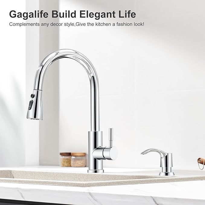 GAGALIFE Kitchen Sink Soap Dispenser with Large Bottle, Built in Sink Soap Dispenser Refill from Top, Chrome G080C