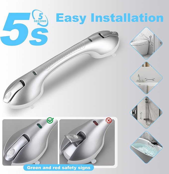 Suction Grab Bars for Bathtubs and Showers, Heavy Duty Shower Handle Removable Shower Handrails for Kids, Bathroom Safety Grip Waterproof(Silver)