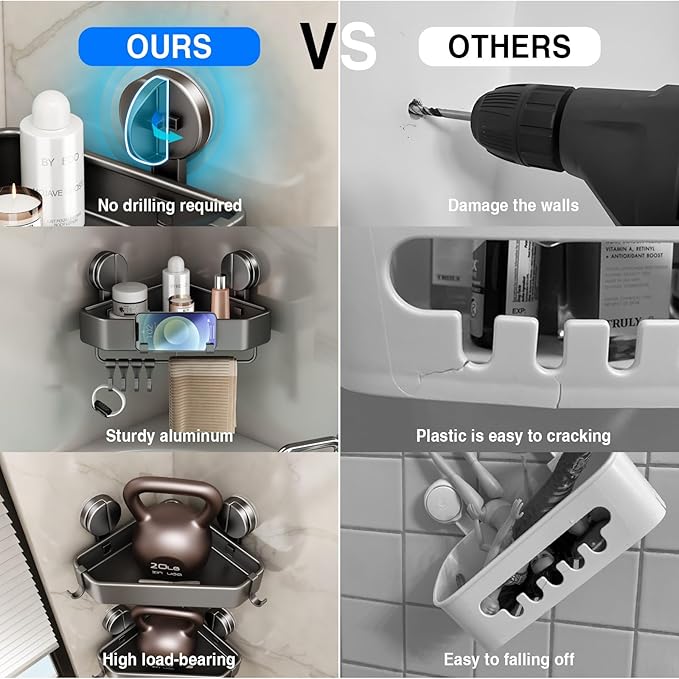 Suction Cup Shower Caddy Corner, 2 Pack Suction Corner Shower Shelves No Drilling, Rustproof Shower Organizer Suction Cup with Towel Holder & Hooks Removable Bathroom Storage Rack(Gray)