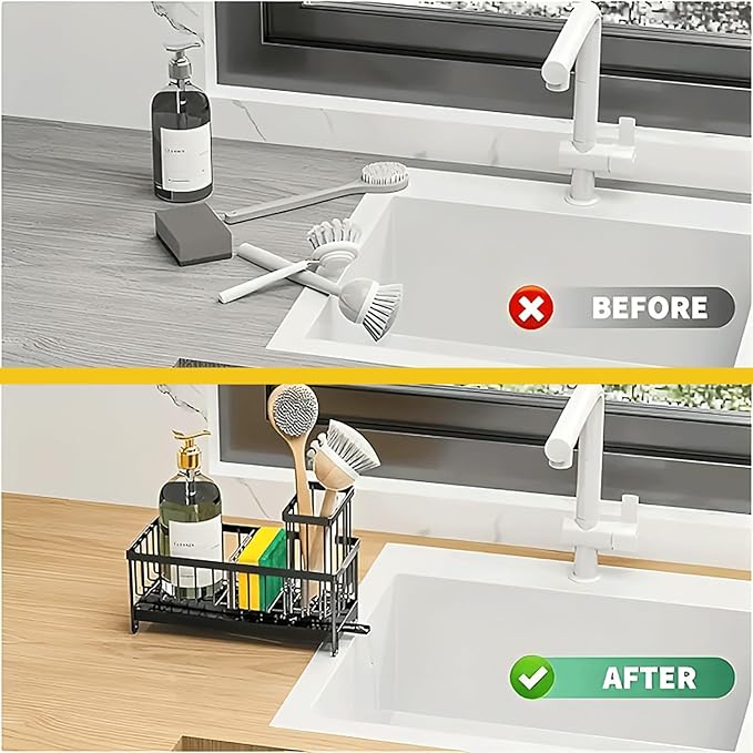 5 in 1 Kitchen Sink Caddy Organizer, Rustproof Stainless Steel Sink Caddy with Washing Cloth & Adhesive Hooks, Kitchen Sink Organizer with High Brush Holder, Sponge and Soap Holder for Kitchen Sink