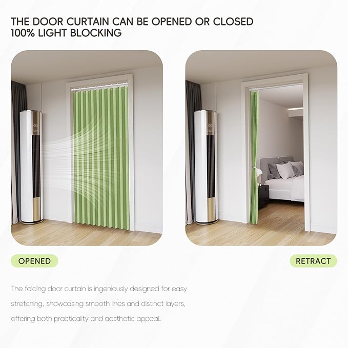 Accordian Door Curtain, 100% Blackout Folding Magnetic Doorway Curtains,Linen Style Closet Doors,for Room Divider,Privacy Protection（W72 x L78,Green,1 Panel）