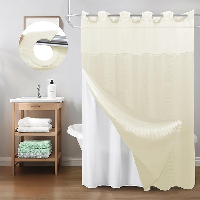 Inhousolu No Hook Shower Curtain with Snap in Fabric Liner Set Waffle Weave 230GSM Weighted Hem, Waterproof & Washable Bathroom Curtain Spa Luxury with Mesh Top Window 72" W x 72" L Ivory