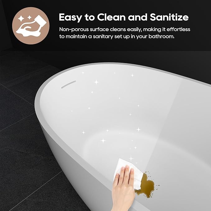 SJ STAR&JANE 51" Solid Surface Freestanding Bathtub, Stone Resin Oval Soaking Tub, Matte White，with Pop-up Drain & Overflow