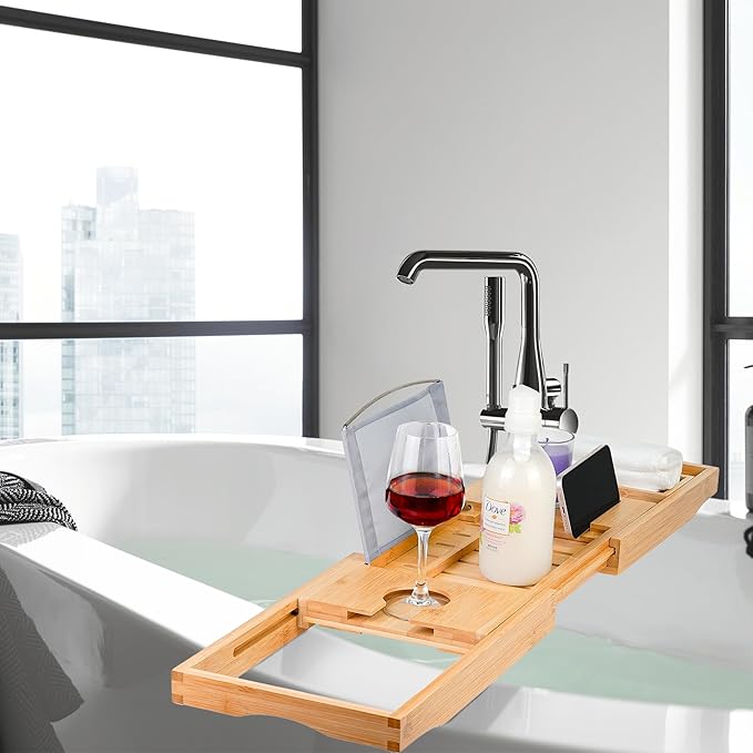 Utoplike Bamboo Bathtub Caddy Tray Bath Tray for Tub, Adjustable Bathroom Bathtub Organizer with Book Tablet Wine Glass Cup Towel Holder