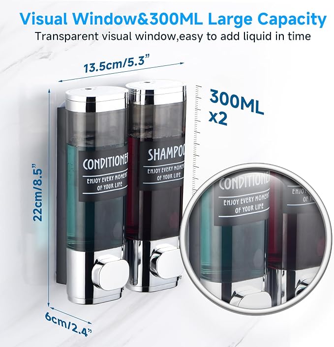 Shampoo and Conditioner Dispenser,GlintGath Shower Dispenser 2 Chamber No Drill Shampoo Dispenser for Shower Wall Mounted Shower Soap Dispenser for Bathroom Hotel,2 * 300ML,Chrome