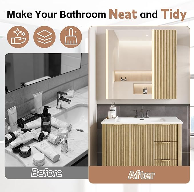 Lighted Bathroom Medicine Cabinet with Mirror，30 x 28 Inch Wall-Mounted Bathroom Wall Cabinet with Storage, LED Lights, Adjustable Shelves,Natural
