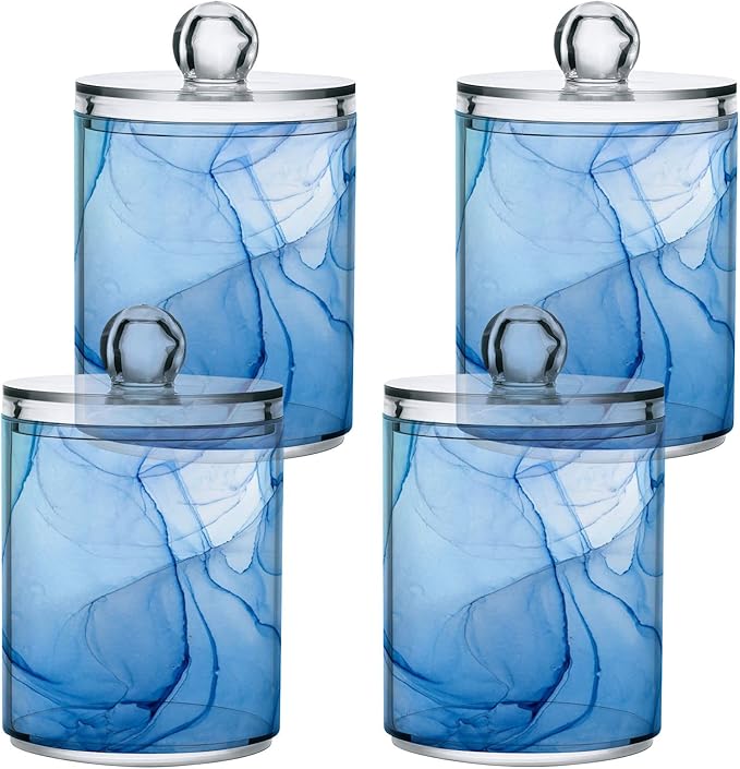 MNSRUU 4 Pack Qtip Holder Organizer Dispenser Blue Marble Fluid Art Bathroom Containers Bathroom Vanity Storage Canister Apothecary Jars for Cotton Swabs/Pads/Floss