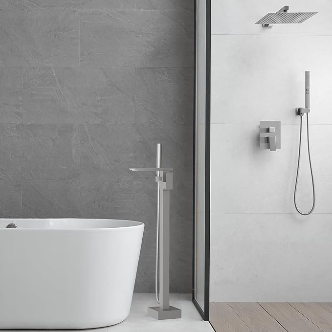 RUMOSE Brushed Nickel Bathtub Filler Freestanding Tub Filler Floor Mount Tub Faucet Waterfall Bathtub Faucet with CUPC Certified High Flow Brass Bath Shower Faucets with Handheld Sprayer