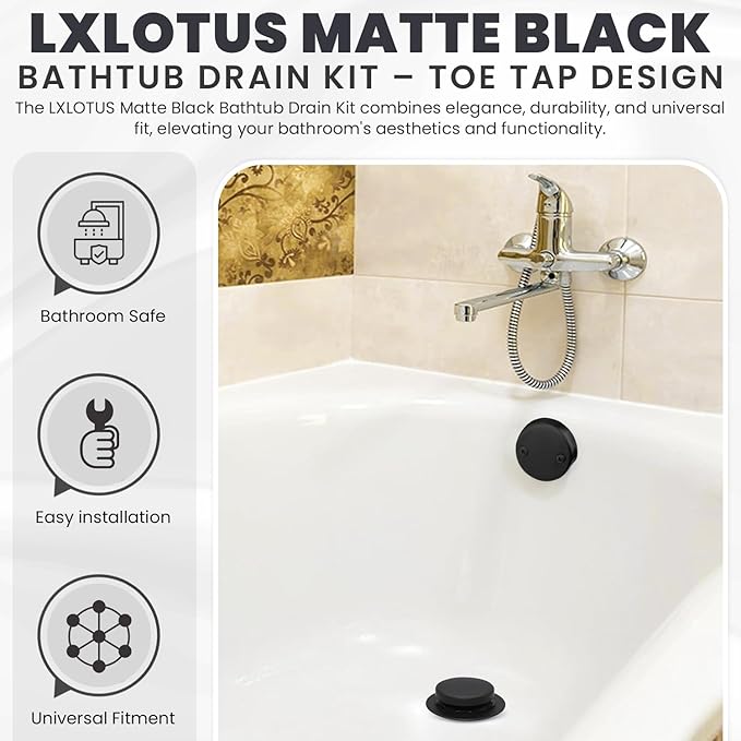 LXLTOUS Matte Black Toe Tap Bathtub Trim Set with Two-Hole Overflow Faceplate, Replacement Tub Drain Kit with 2-Hole Overflow Cover and Universal Fine/Coarse Thread, Fits 1-3/8" and 1-1/2"