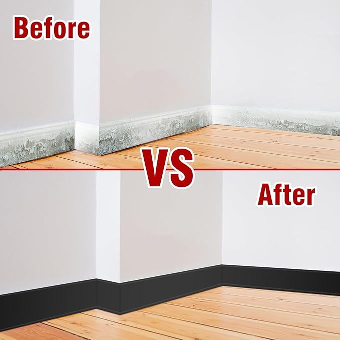 Vinyl Baseboard Molding Trim 6 Inch x 40 Feet Peel and Stick Baseboard Trim Flexible PVC Cove Base Moulding Self-Adhesive Trim for Garage Bathroom Cabinet Floor Walls, Black