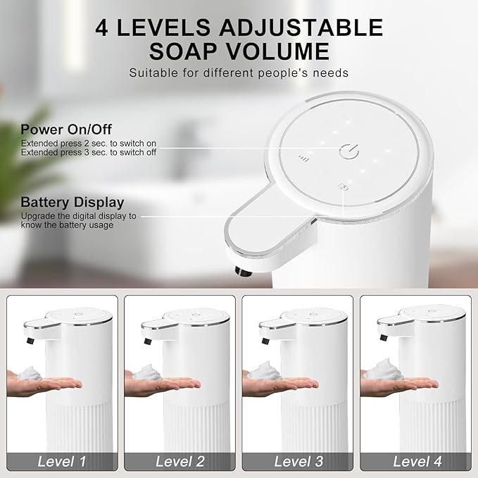 GuDoQi Automatic Touchless Foaming Soap Dispenser, 4-Level Adjustable Foam, USB Rechargeable Hand Soap Dispenser for Bathroom, Kitchen Countertops, 12.2oz/360mL, White
