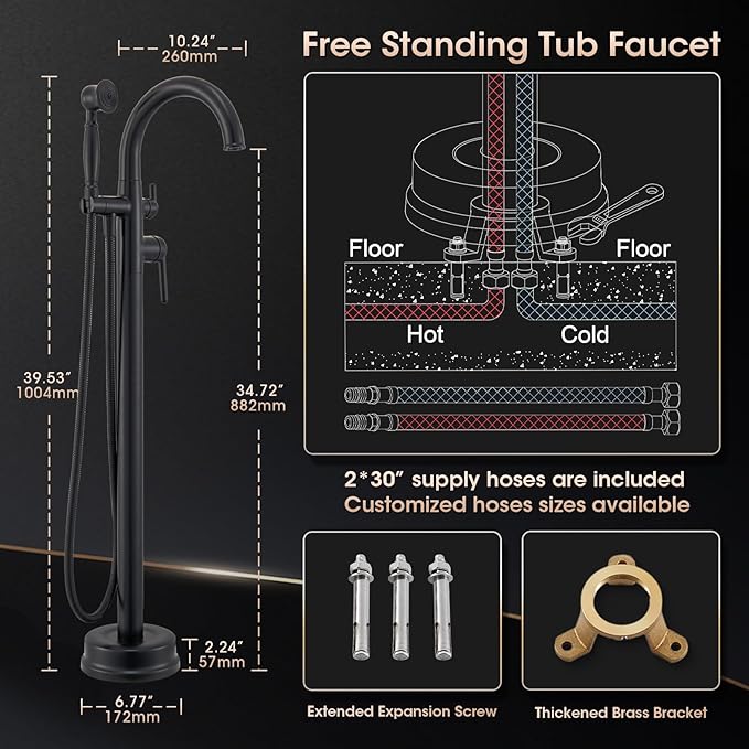 Freestanding Bathtub Faucet Matte Black Floor Mount Tub Faucets High Flow Max 6.6GPM/60PSI Vintage Hand Shower&Swivel Spout