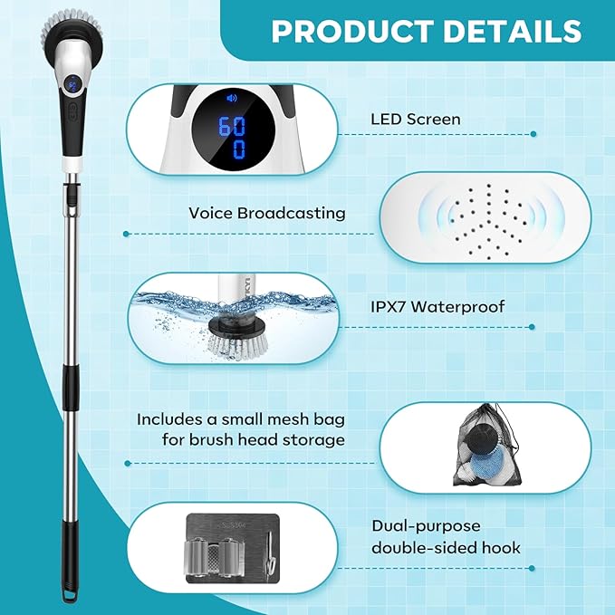 YKYI Electric Spin Scrubber,Cordless Cleaning Brush,Shower Cleaning Brush with 8 Replaceable Brush Heads,Power Scrubber 3 Adjustable Speeds,Adjustable & Detachable Long Handle,Voice Broadcast