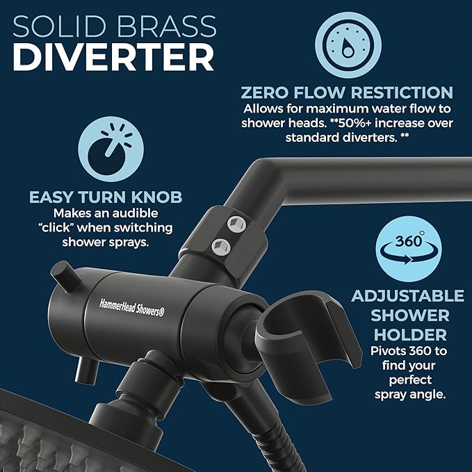 HammerHead Showers Dual Shower Head Combo, 8-Inch Rainfall & 3-Flow Handheld, Matte Black, 2.5 GPM
