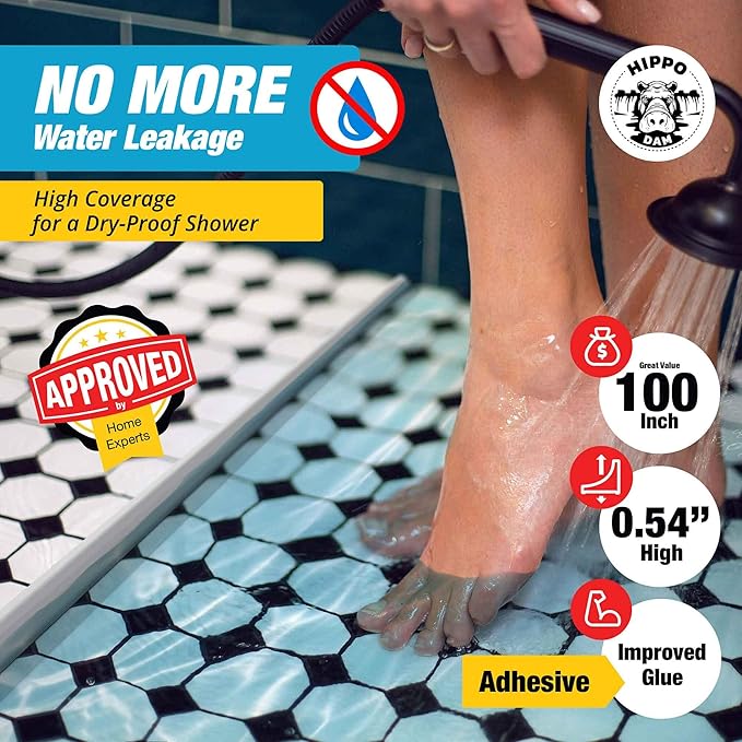 Shower Threshold Water Dam Barrier 100" - White Collapsible Shower Water Blocker - Guard for Walk in Shower - Water Guard Stopper for Floor - Shower Door Water Blocker - Triangular - By Hippo Dam