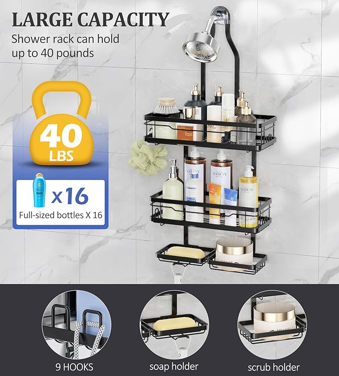 OMAIRA Shower Caddy Hanging with Soap Scrub Holder, Stainless Steel Adjustable No Drilling Non-Slip Large Capacity Sturdy Over Shower Head Shower Organizer Inside Shelves Bathroom Storage Rack, Black