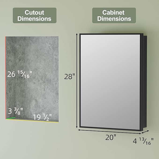 Buruis 20" x 28" Framed Medicine Cabinet with Mirror, Recessed or Wall Mounted Bathroom Cabinet, Adjustable Tempered Glass Shelves, Left/Right Open Reversible, No Assembly Required, Black