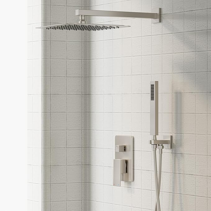 Gabrylly Shower System, Rainfall Shower Faucet Set Complete, 12" High-Pressure Stainless Steel Rain Showerhead with handheld Spray Combo, 2 Way Valve Included, Brushed Nickel