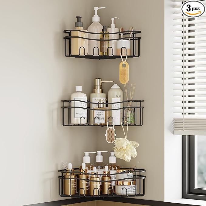 Black corner shower caddy with depth caddy and Built in 12 hooks rustproof wall mounted No drilling No marring adhesive bathtub corner storage for bathroom kitchen and laudry room