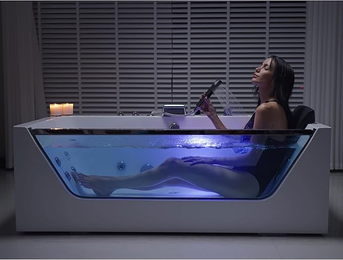 Empava 67 in. Acrylic Alcove Whirlpool Bathtub - Hydromassage Rectangular Jetted Soaking Tub with Center Drain - Waterfall Faucet