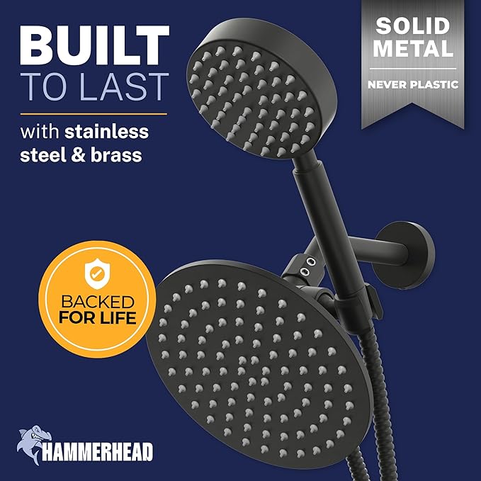 HammerHead Showers® Solid Metal Dual Shower Head Combo – MATTE BLACK – 8 Inch Rainfall High Flow Shower Head & Handheld Shower Head High Pressure with Hose 6ft - Hotel-Like Double Shower Heads