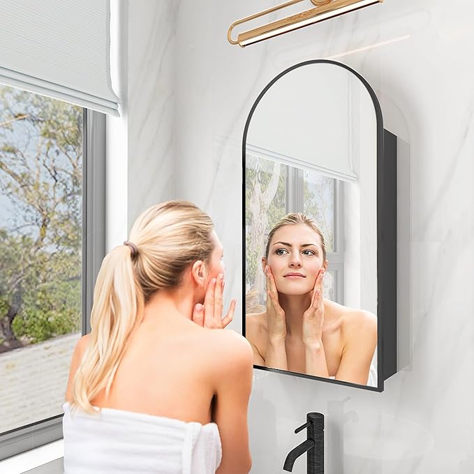 FKWin Arched Medicine Cabinet with Mirror,Bathroom Mirror with Storage,Aluminum Alloy Bathroom Cabinet,Modern Wall Mounted Medicine Cabinet with 3 Adjustable Shelves,Not Recessed, 29.5"x15.7",Black