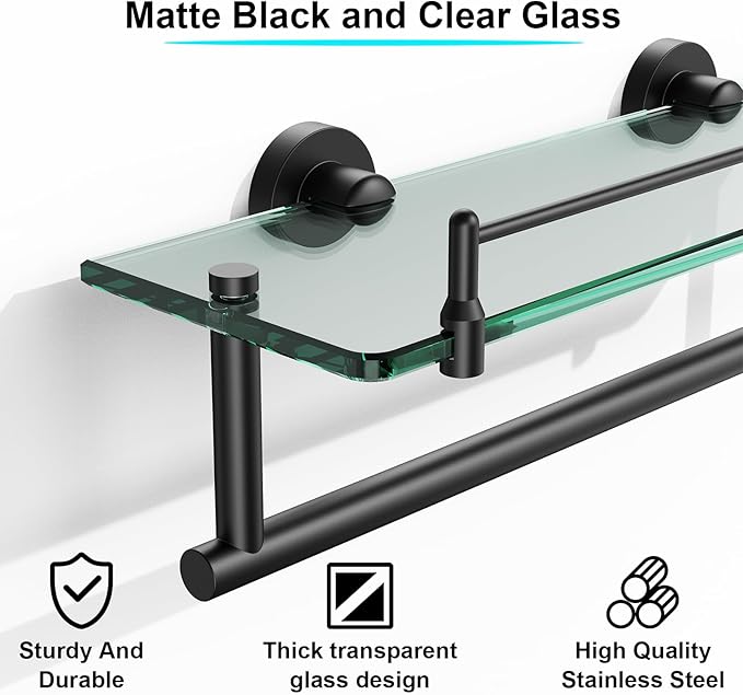 Bathroom Towel Rack with Tempered Glass Shelf 16 Inch, Matte Black Floating Wall Mount Storage