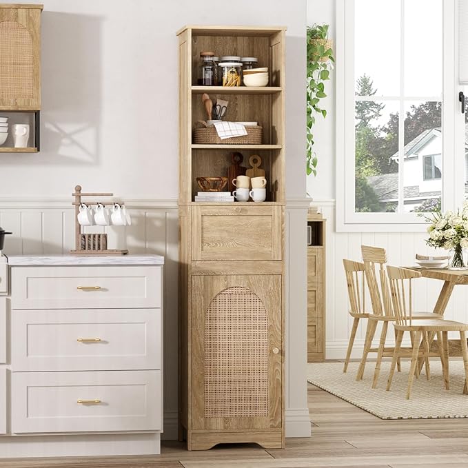 67" H Natural Bathroom Storage Cabinet with Rattan Doors and Slide Storage, Tall Narrow Freestanding Tower Cabinets with Adjustable Shelves for Kitchen, Living Room, Dining Room