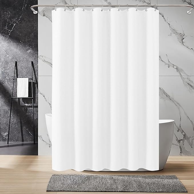 Inhousolu Fabric Shower Curtain Waffle Weave, 230 GSM Heavy Duty, Weighted Hem, 12 Metal Hooks, Water Repellent, Machine Washable, Hotel Spa Luxury Bath Curtain Set, 54 x 78 Inch, White
