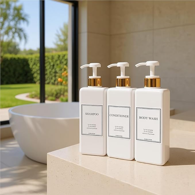 Modern Gold Design Shampoo and Conditioner Dispenser, Large 27oz Shower Soap Dispenser, Set of 3 Refillable Empty Plastic Pump Bottles for Bathroom and Body Wash (6 Waterproof Labels Included), White