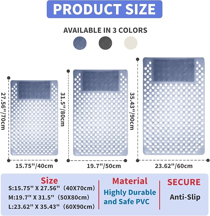 Bath Tub Shower Mat with Soft Shower Foot Scrubber Mat for Massage,Non Slip Bathtub Mat with Strong Suction Cups, Silicone Shower Foot Scrubber Mat (Gray, 35.4" X 23.6"(Rectangular))