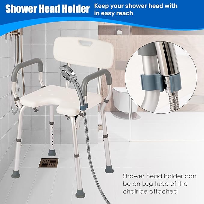 Shower Chair with Arms and Back Heavy Duty 330lbs, Shower Seat for Inside Shower with Shower Head Holder, Shower Bathroom Chair with Cutout Seat & Cold-Proof Pads, Tools-Free Assembly