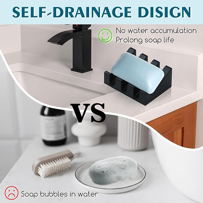 Silicone Soap Dish with Drain, Upgrade Double Suction Cups at The Bottom for Anti-Slip and Stability, Soap Dish Shower Waterfall Bar Soap Holder Tray with Drain Soap Holder (3, Black)
