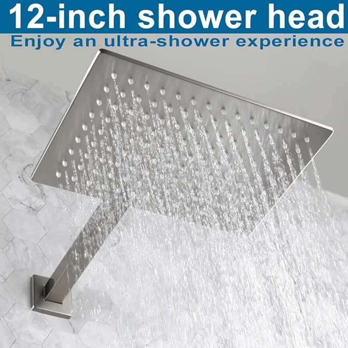 POP SANITARYWARE Shower Faucet Set with Rainfall 12 Inch Shower Head, Wall Mounted Bathroom Shower System Brushed Nickel, Single Function Shower Trim Kit with Valve