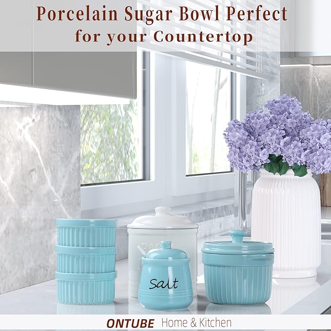 ONTUBE Ceramic Salt Bowl with Lid and Spoon 12oz (Turquoise)