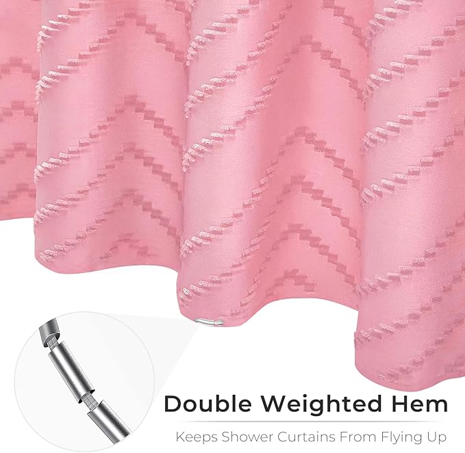 Pink Boho Shower Curtain Woven Fabric Cute Shower Curtain Modern Farmhouse Textured Tufted Chevron Striped Minimalist 72 x 78 Bathroom Shower Curtains