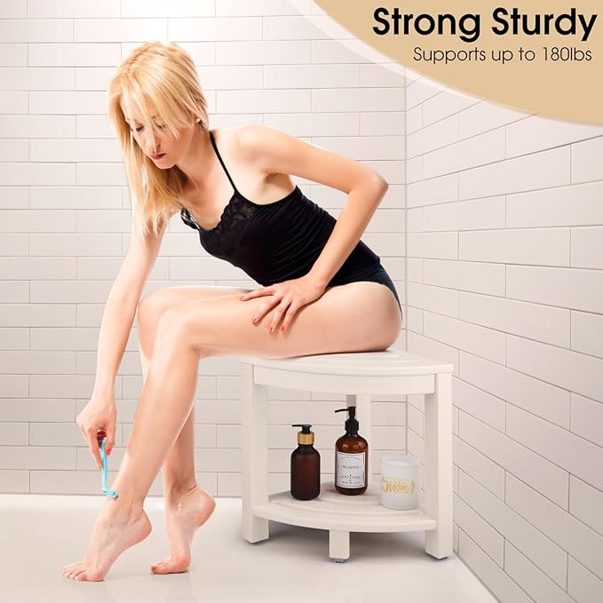 HDPE Corner Shower Stool,Shower Bench Seat with Storage Shelf for Shaving Legs Plastic Spa Bath Step Foot Rest for Bathroom Small Place (White)
