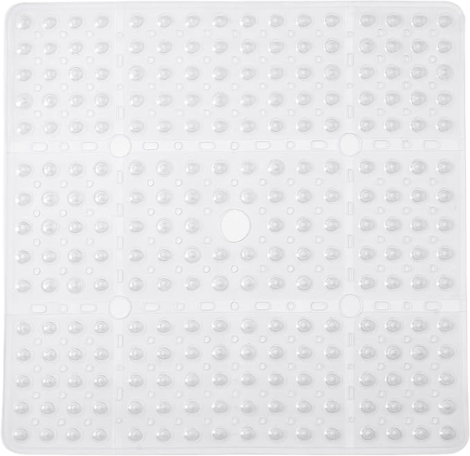 EENKOSI Square Shower Mat 27x27 inch - Large Clear Anti Slip Shower Floor Stall Mat - Non Slip Square Bathroom Bath Mat with Strong Secure Suction Cups and Drain Holes in Middle (Clear 27x27)