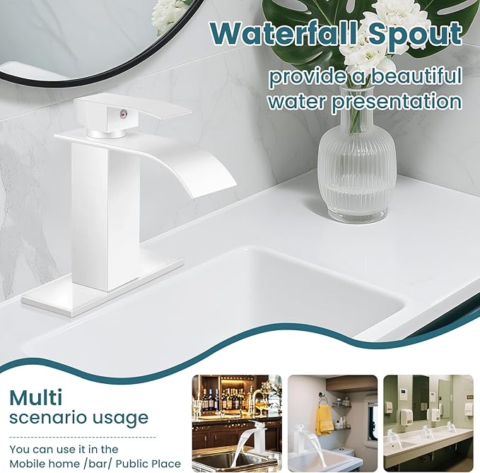 Bathroom Faucets White Waterfall Bathroom Sink Faucet Modern Single Handle Bathroom Faucet for 1 or 3 Hole Mxier Tap Washbasin Faucet with Deck, Pop-up Drain and Supply Hoses