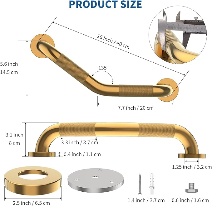 2 Pack 16 Inch Munzong Shower Grab Bars for Seniors, Gold Angled Anti Slip Grab Bars for Bathtubs and Showers Safety Hand Rail Support Handicap Elderly Injury Senior Assist Bath Handle