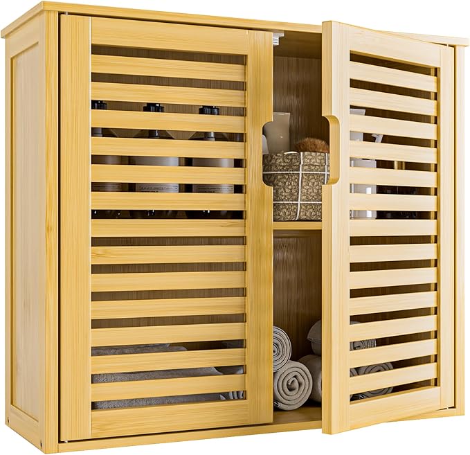 HITNET Bathroom Wall Cabinet, Medicine Cabinet Over The Toilet, Bamboo Hanging Storage Organizer with 2 Doors and Adjustable Shelf for Kitchen, Living Room, Natural