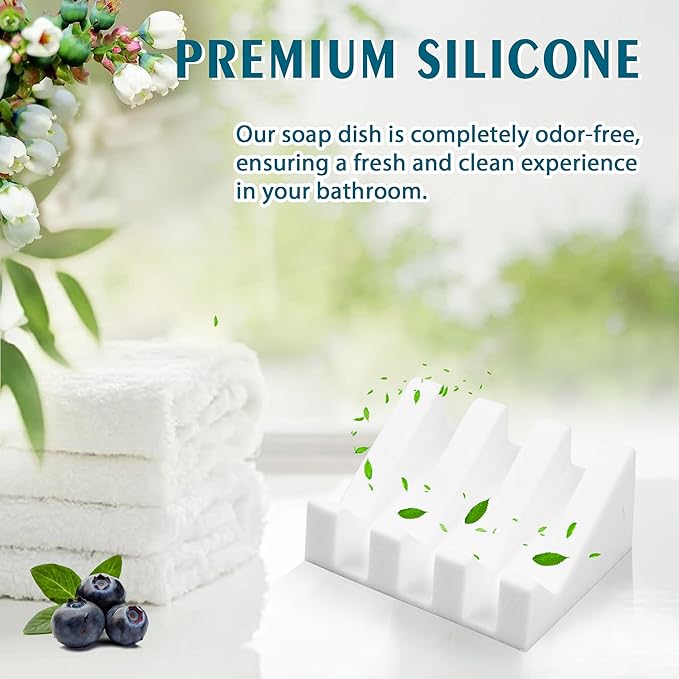 Silicone Soap Dish with Drain, Upgrade Double Suction Cups at The Bottom for Anti-Slip and Stability, Soap Dish Shower Waterfall Bar Soap Holder Tray with Drain Soap Holder (1, White)